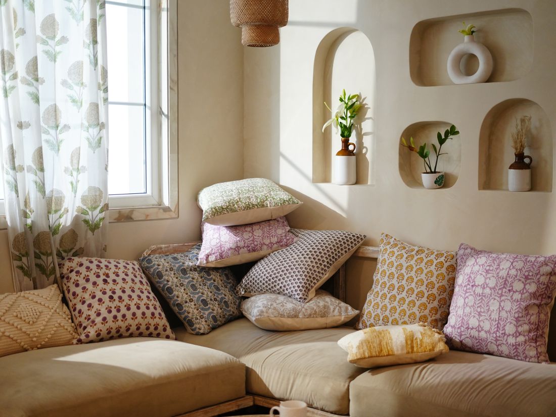 Blue Thistle hand block-printed cushion cover from the Hand & Earth Cushion Covers collection