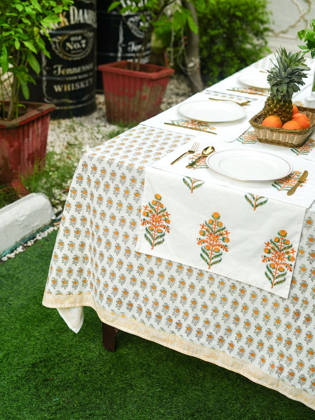 Azure Bloom hand block-printed tablecloth from the Hand & Earth Table Linen collection
