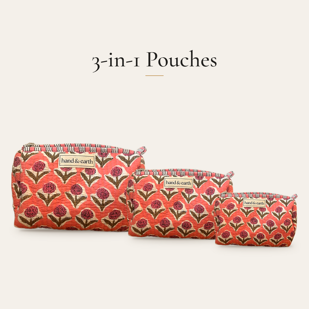 Coral Poppy Cotton 3-in-1 Travel Pouch Set