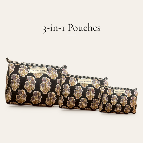 Black Botanical Cotton 3-in-1 Travel Pouch Set