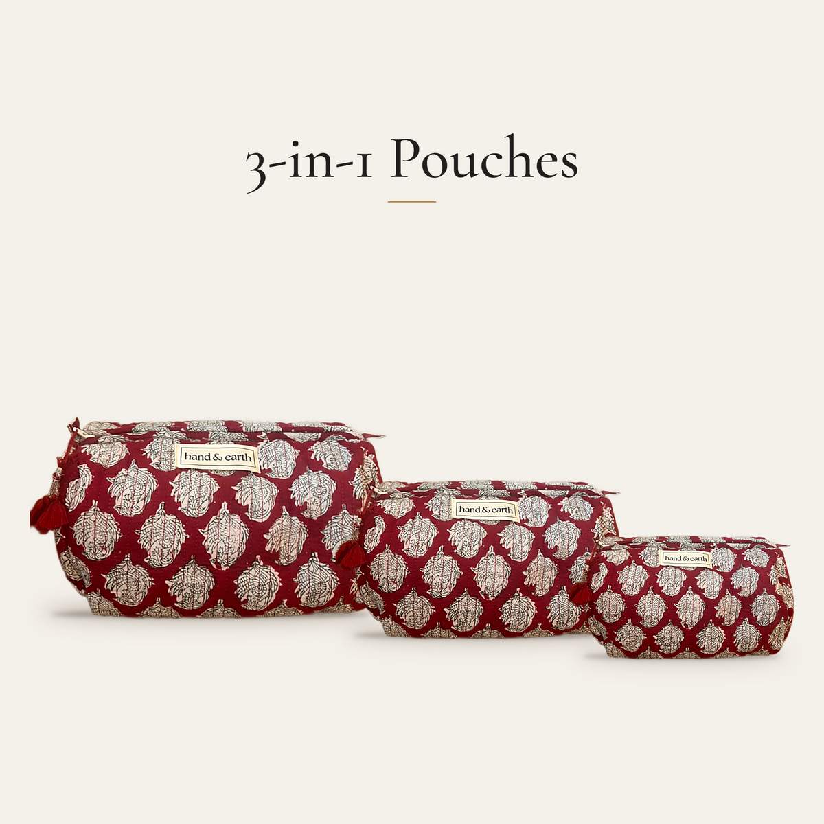Maroon Paisley Cotton 3-in-1 Travel Pouch Set