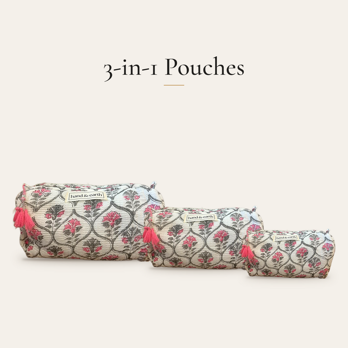 Pink Trellis Cotton 3-in-1 Travel Pouch Set