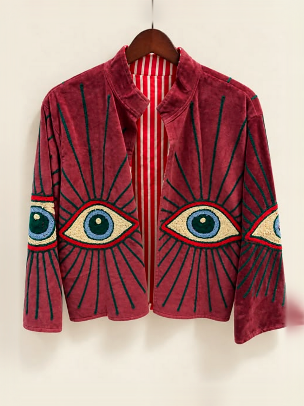 Raspberry Evil Eye Embroidered Velvet Jacket