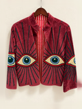 Raspberry Evil Eye Embroidered Velvet Jacket