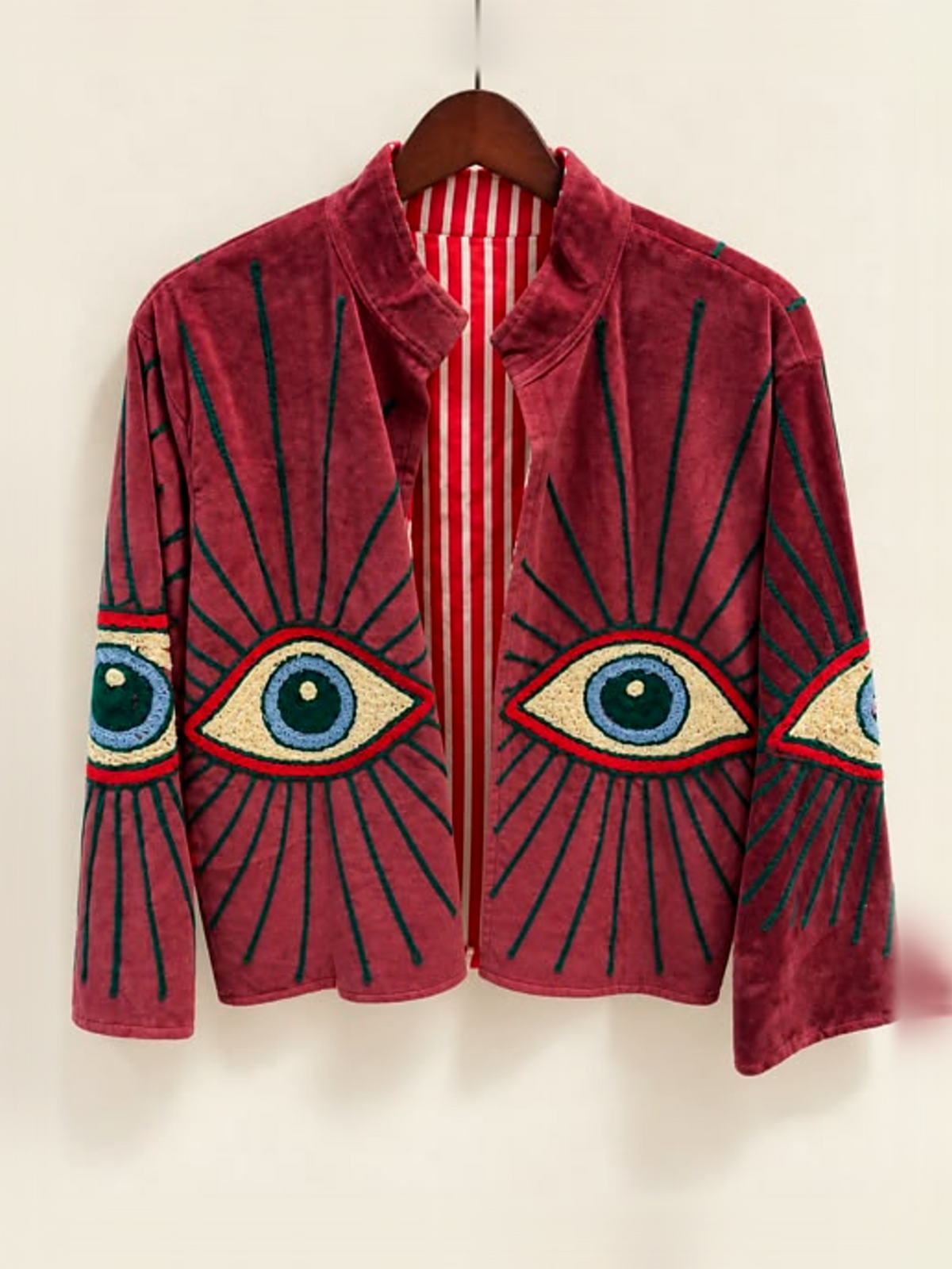 Raspberry Evil Eye Embroidered Velvet Jacket