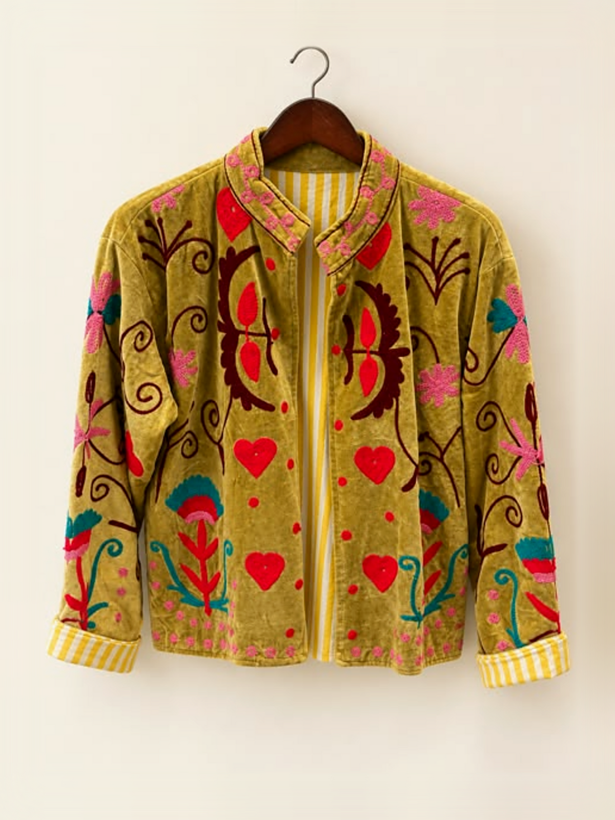 Olive Suzani Embroidered Velvet Jacket