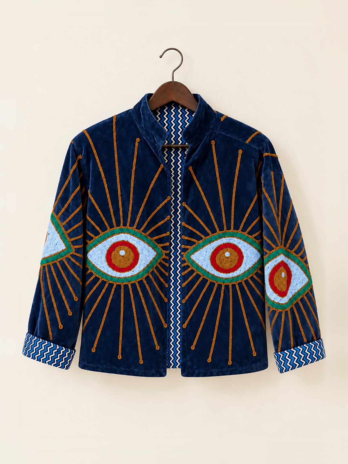 Navy Evil Eye Embroidered Velvet Jacket