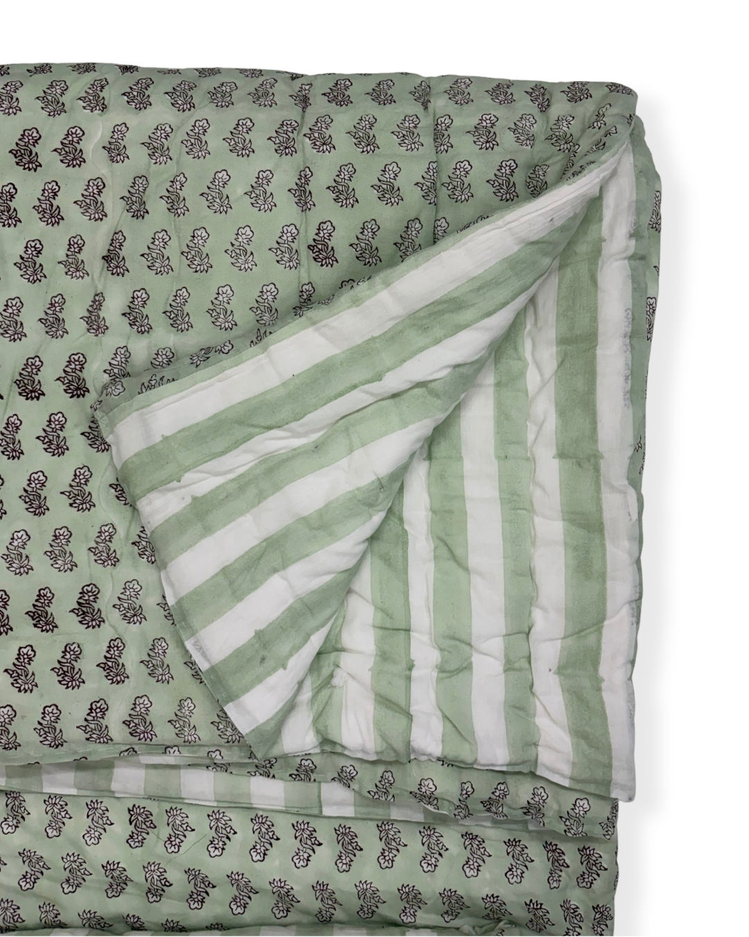 Sage Blossom Hand Block Printed Cotton Quilt