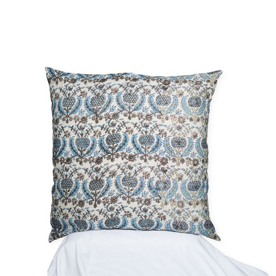 Blue Thistle Hand Block Printed Linen Pillow Cover