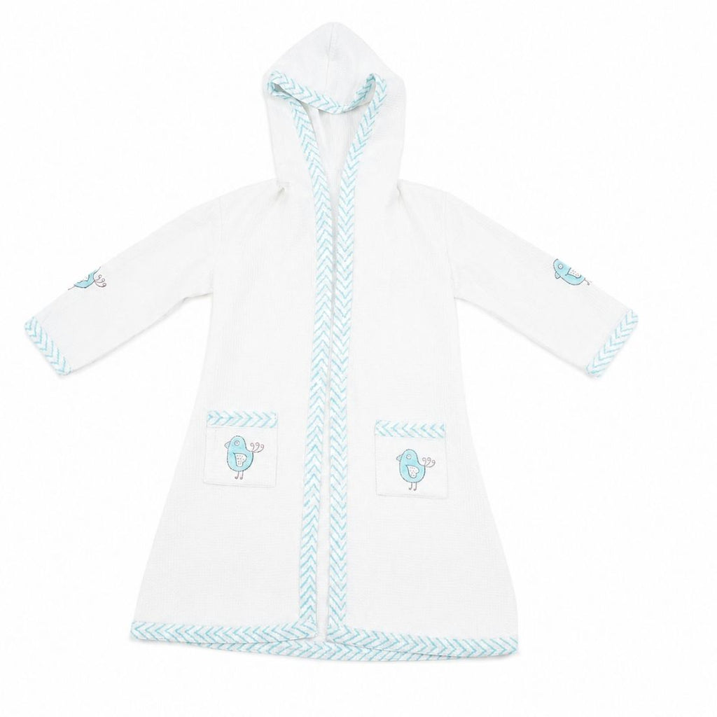 Blue Birdie Hand-block printed Bathrobe for Kids