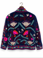 Deep Navy Floral Embroidered Velvet Jacket