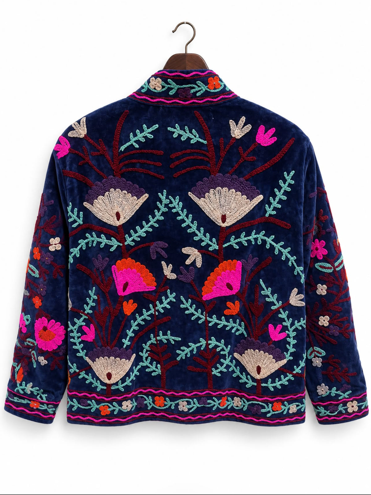 Deep Navy Floral Embroidered Velvet Jacket
