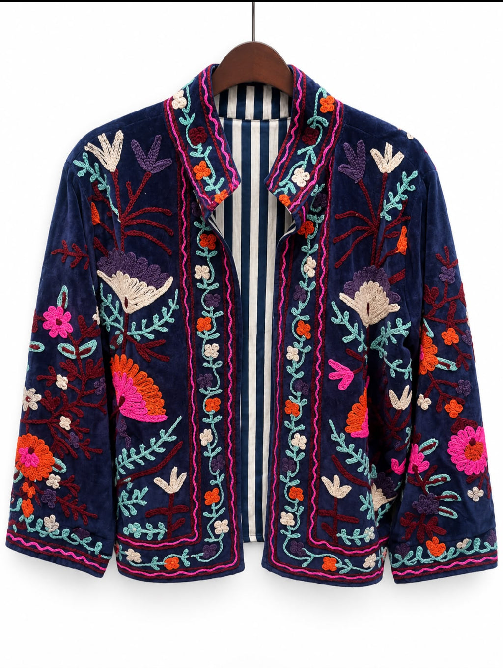 Deep Navy Floral Embroidered Velvet Jacket