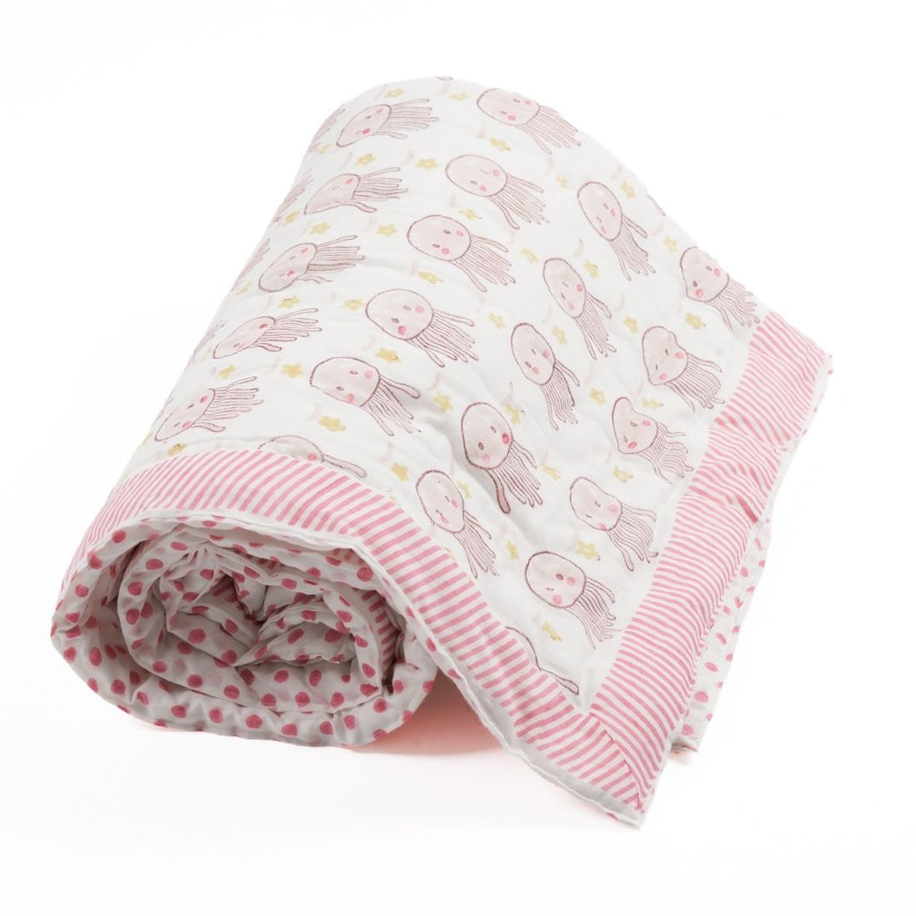 Jelly Fish Hand-Block Printed Cotton Baby Quilt