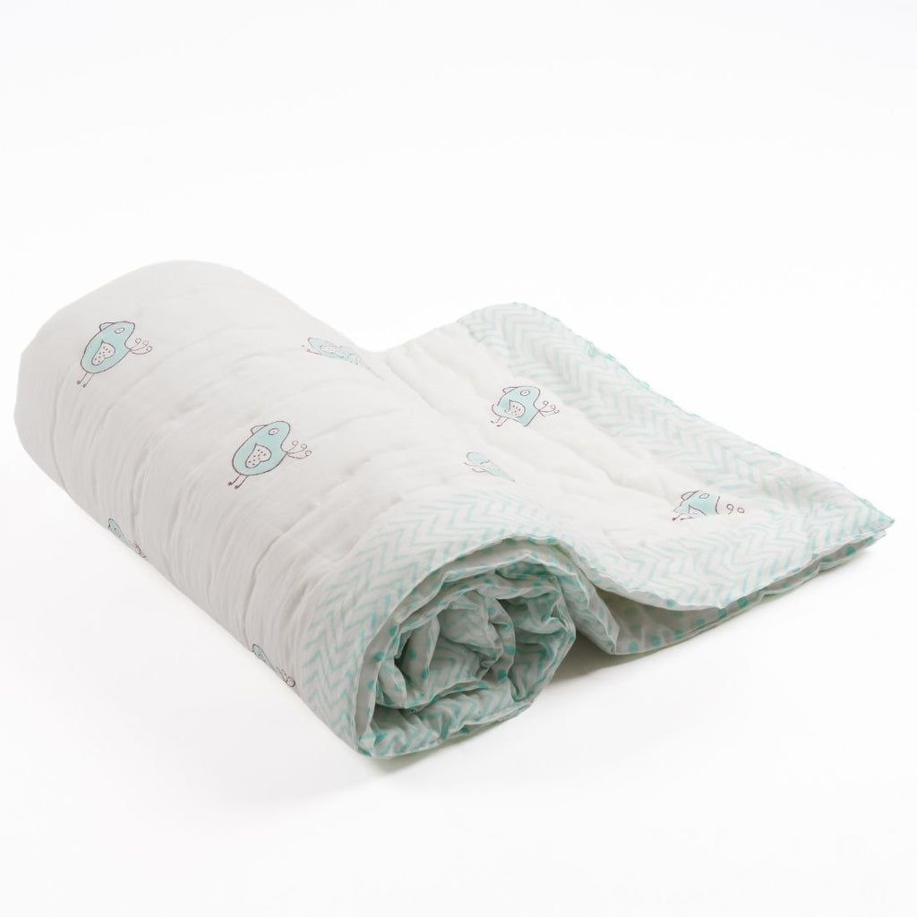 Birdie Hand-Block Printed Cotton Baby Quilt