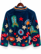 Navy Folk Motif Embroidered Velvet Jacket