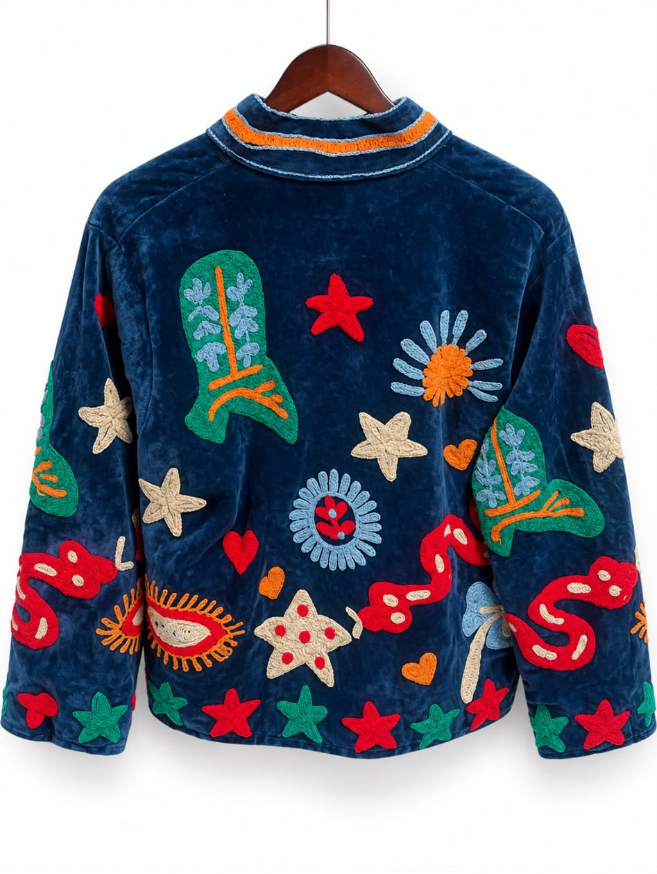 Navy Folk Motif Embroidered Velvet Jacket