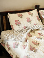 Vintage Rose Hand Block Printed Kantha Stitch Quilt