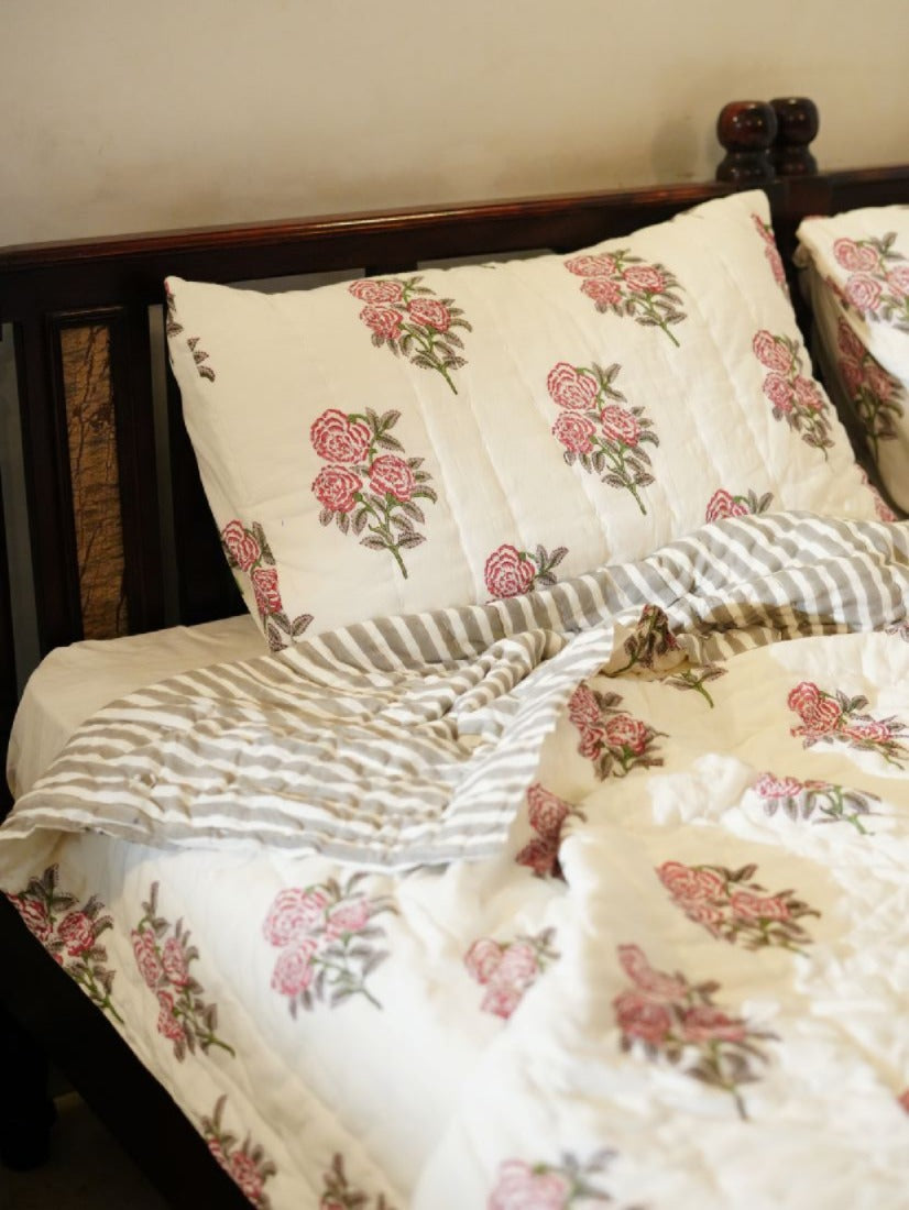 Vintage Rose Hand Block Printed Kantha Stitch Quilt