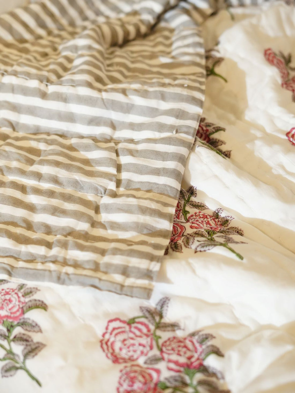 Vintage Rose Hand Block Printed Kantha Stitch Quilt