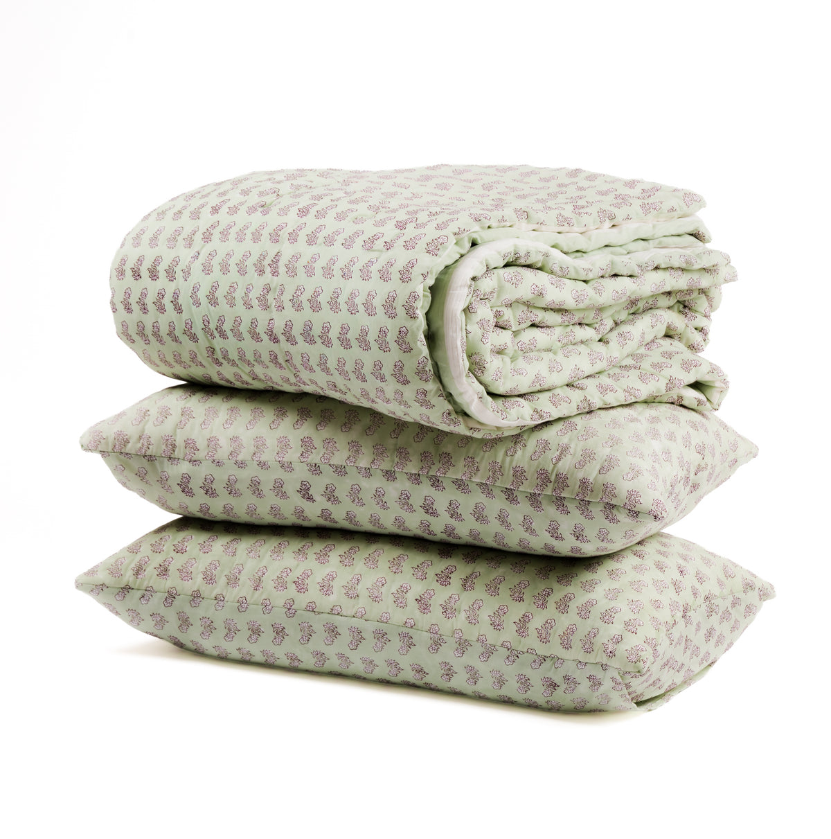Sage Blossom Hand Block Printed Cotton Quilt