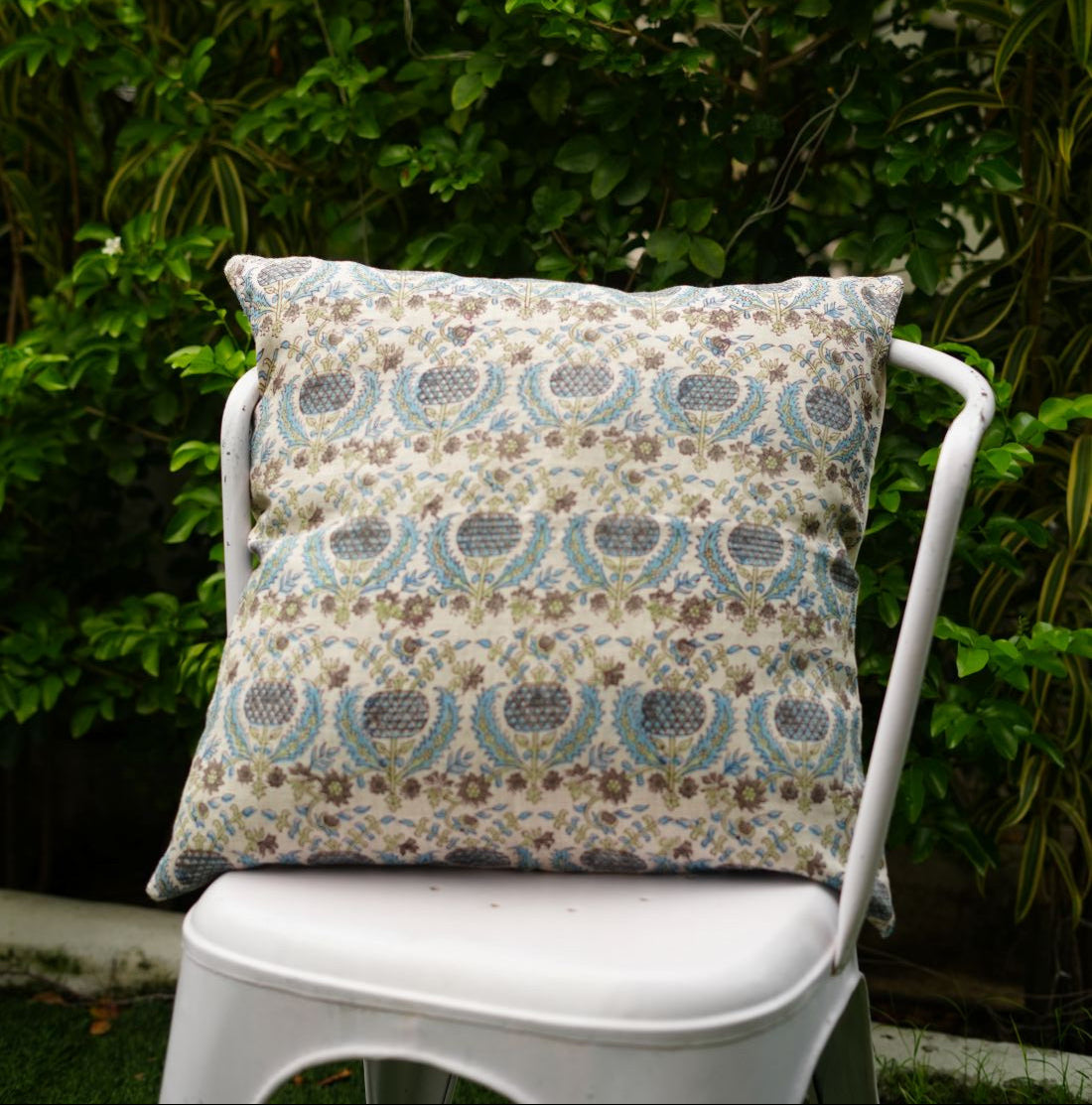 Blue Thistle Hand Block Printed Linen Pillow Cover