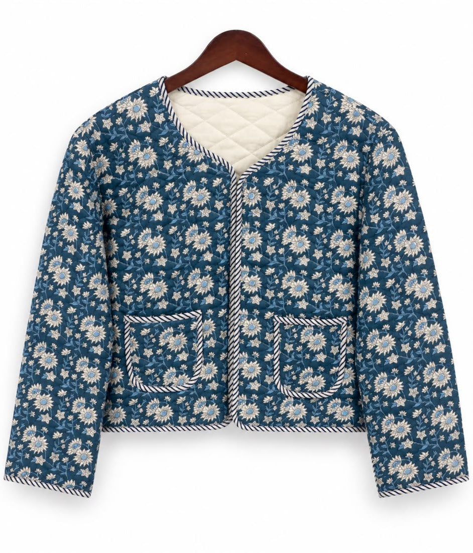 Indigo Floral Reversible Quilted Cotton Jacket