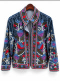 Slate Blue Floral Embroidered Velvet Jacket