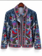 Slate Blue Floral Embroidered Velvet Jacket