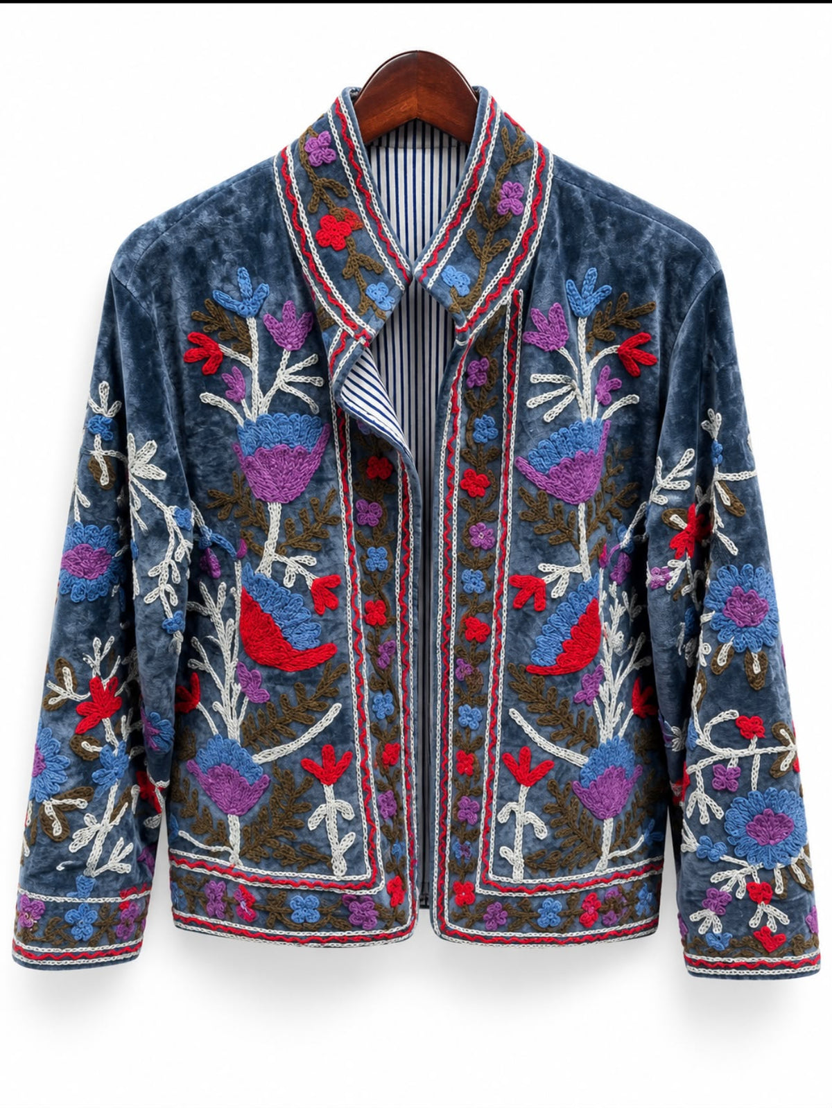 Slate Blue Floral Embroidered Velvet Jacket