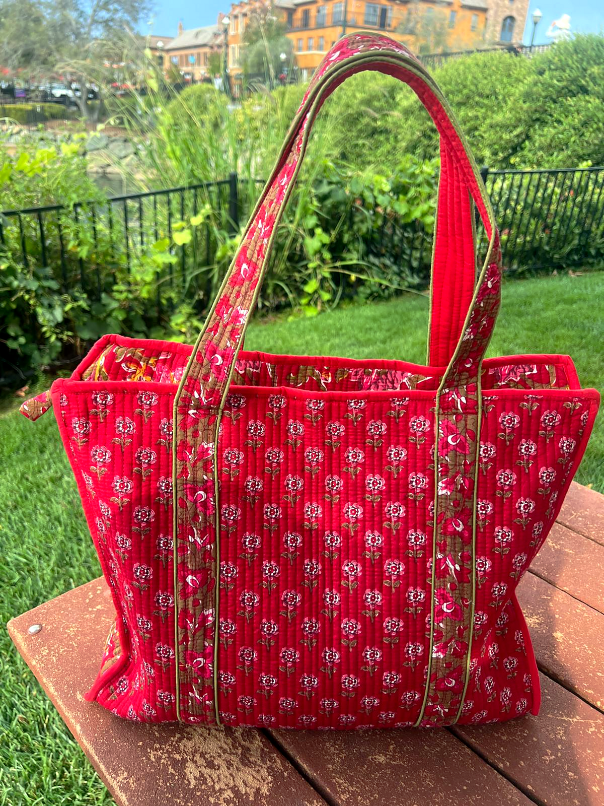 Crimson Bloom Quilted Tote Bag