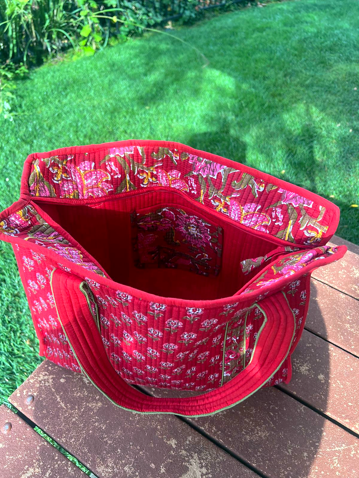 Crimson Bloom Quilted Tote Bag