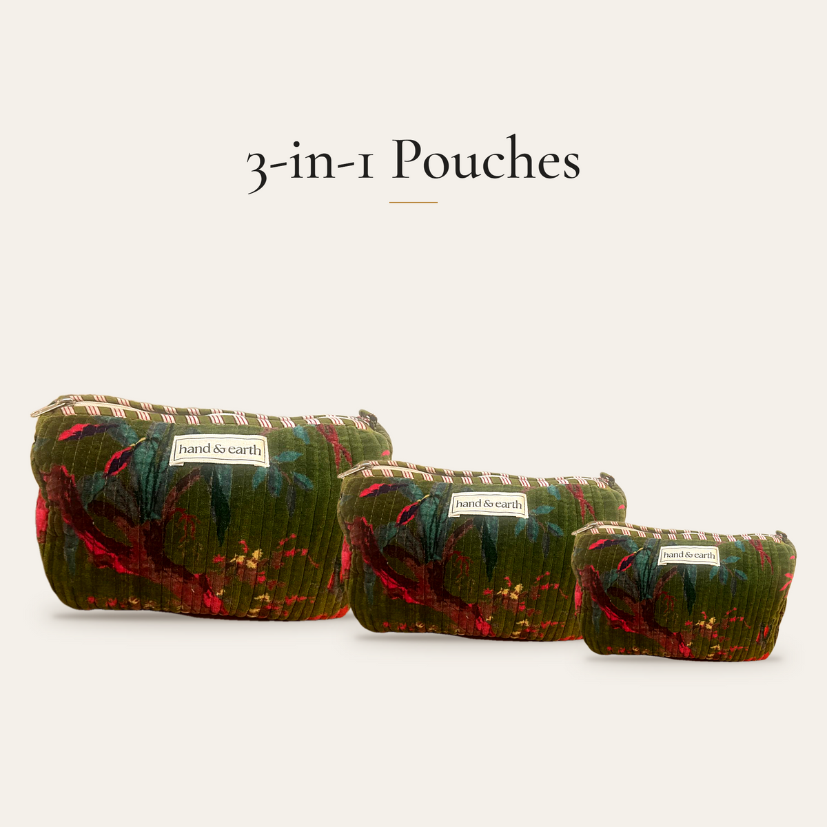 Olive Bird Velvet 3-in-1 Travel Pouch Set