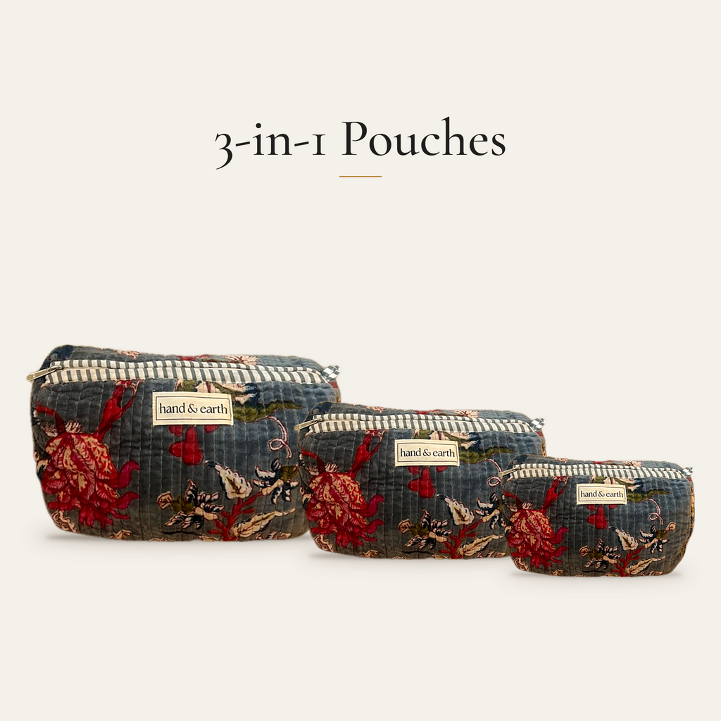 Grey Botanical Velvet 3-in-1 Travel Pouch Set