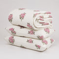 Vintage Rose Hand Block Printed Kantha Stitch Quilt
