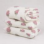 Vintage Rose Hand Block Printed Kantha Stitch Quilt