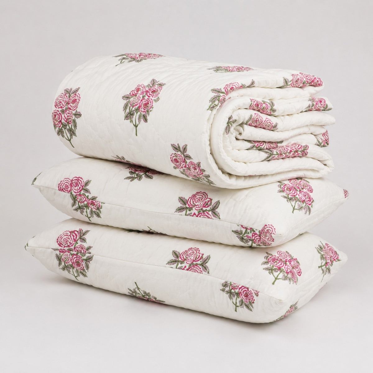 Vintage Rose Hand Block Printed Kantha Stitch Quilt