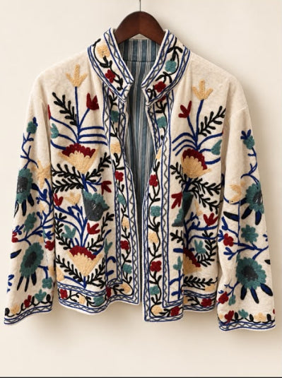 Ivory Embroidered Reversible Velvet Jacket
