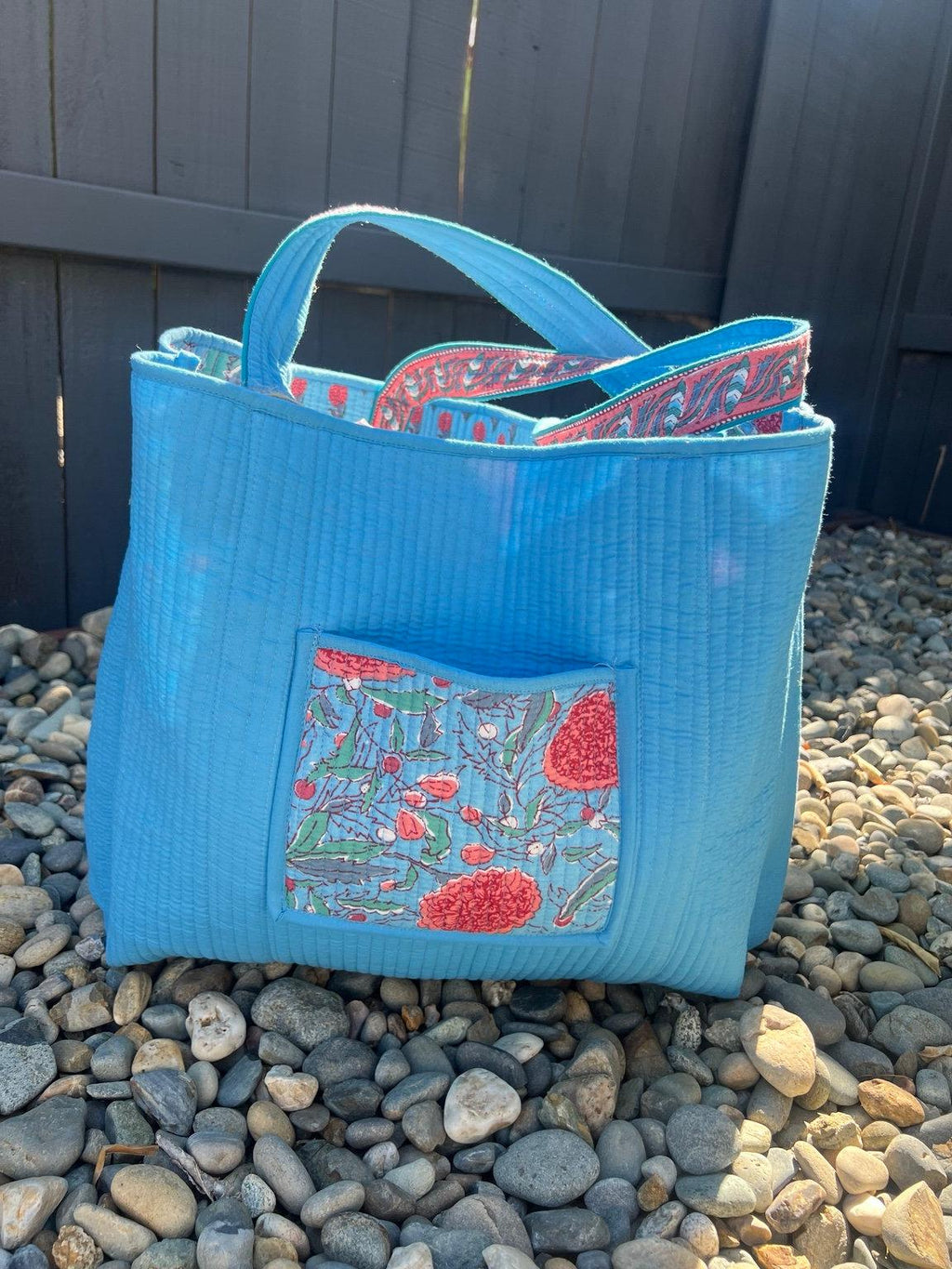 Turquoise Floral Reversible Quilted Tote Bag