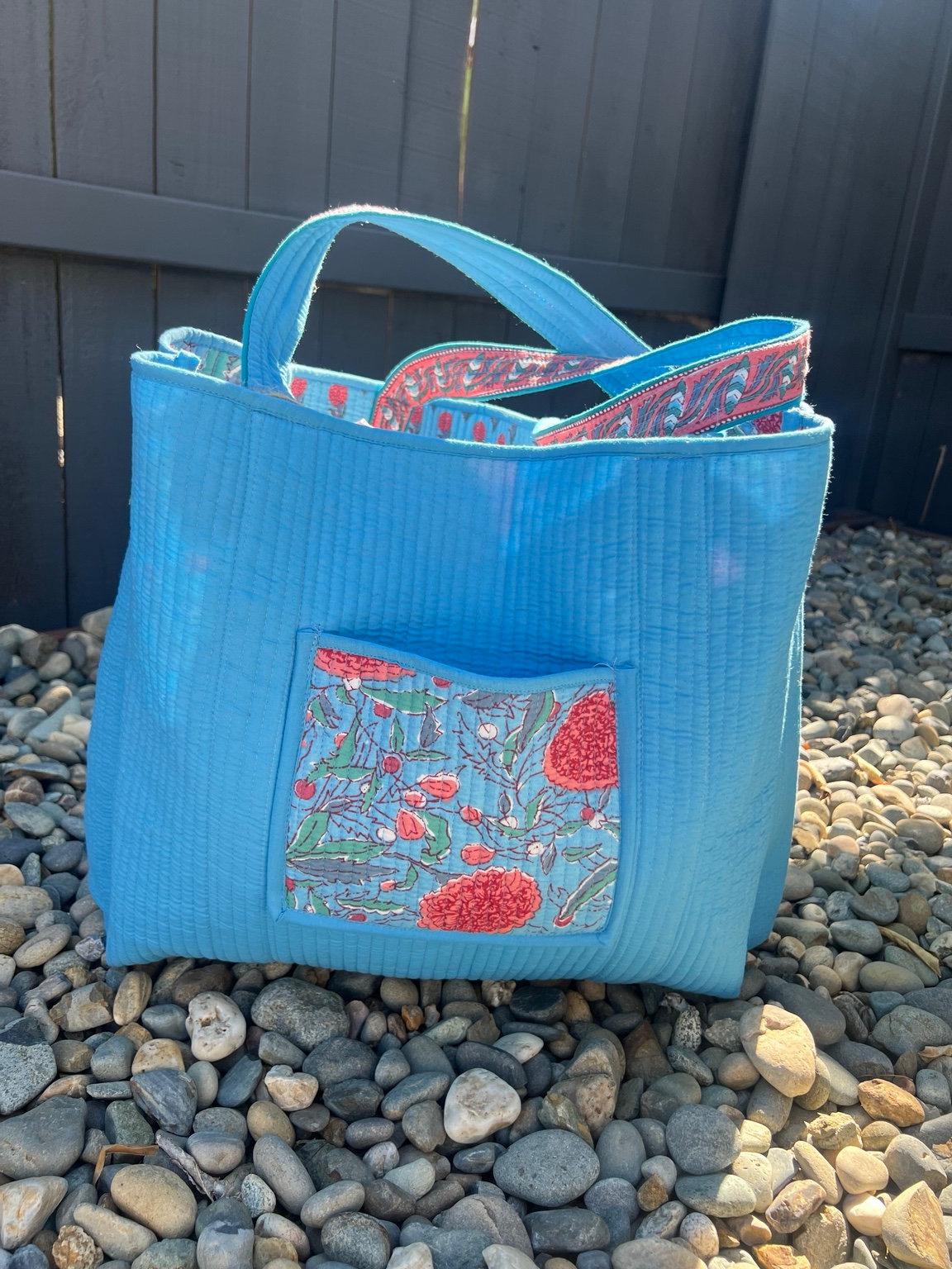 Turquoise Floral Reversible Quilted Tote Bag