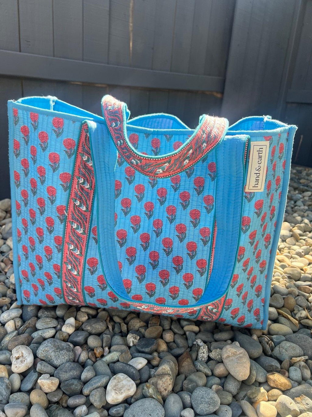 Turquoise Floral Reversible Quilted Tote Bag