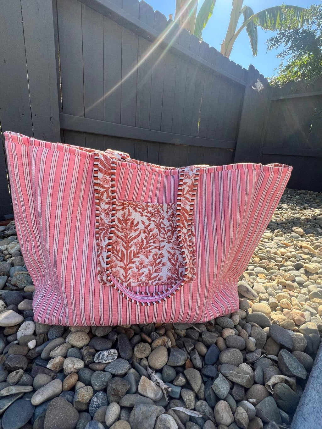 Pink Terracotta Floral Reversible Quilted Tote Bag