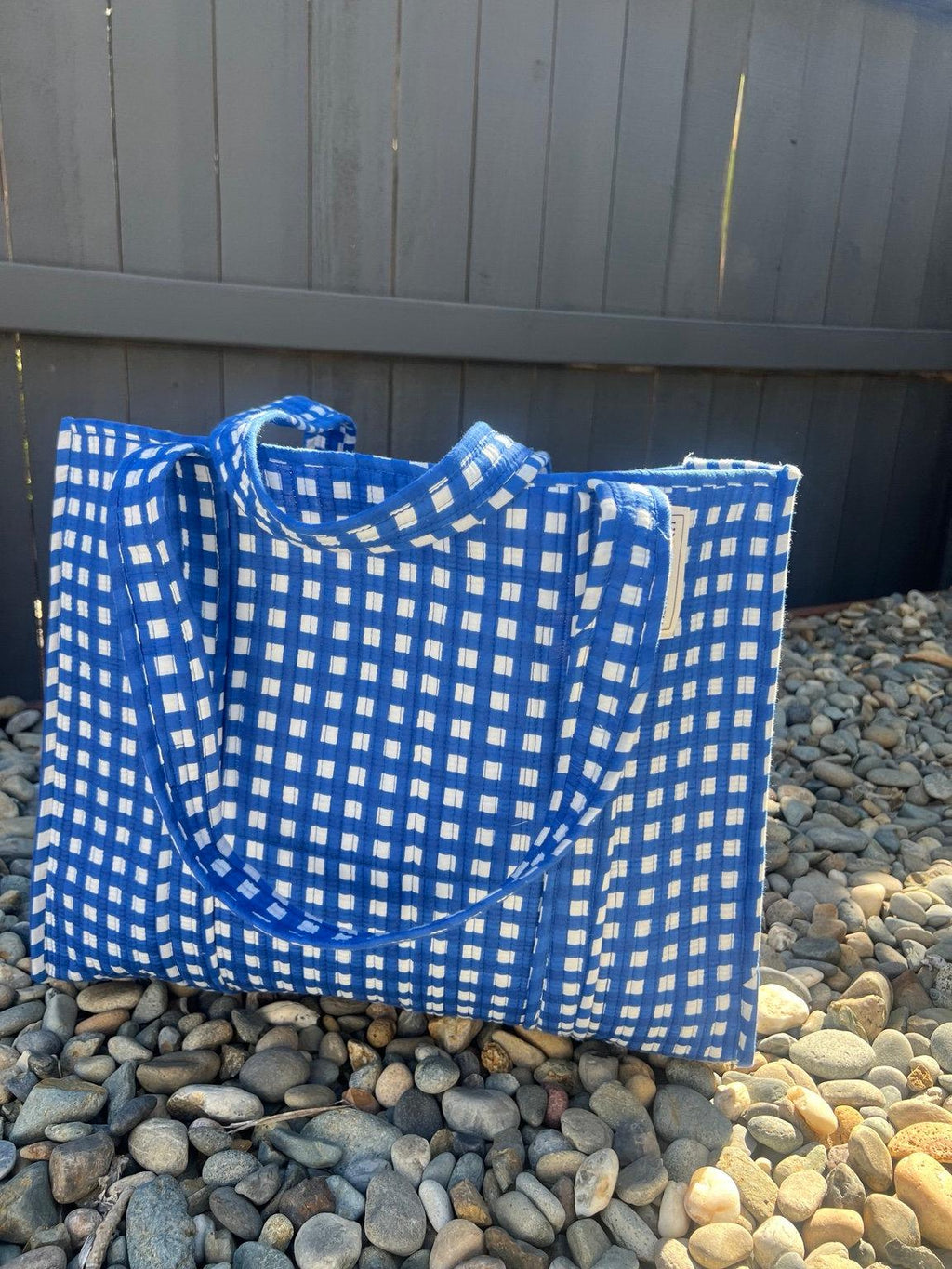 Blue Gingham Quilted Tote Bag