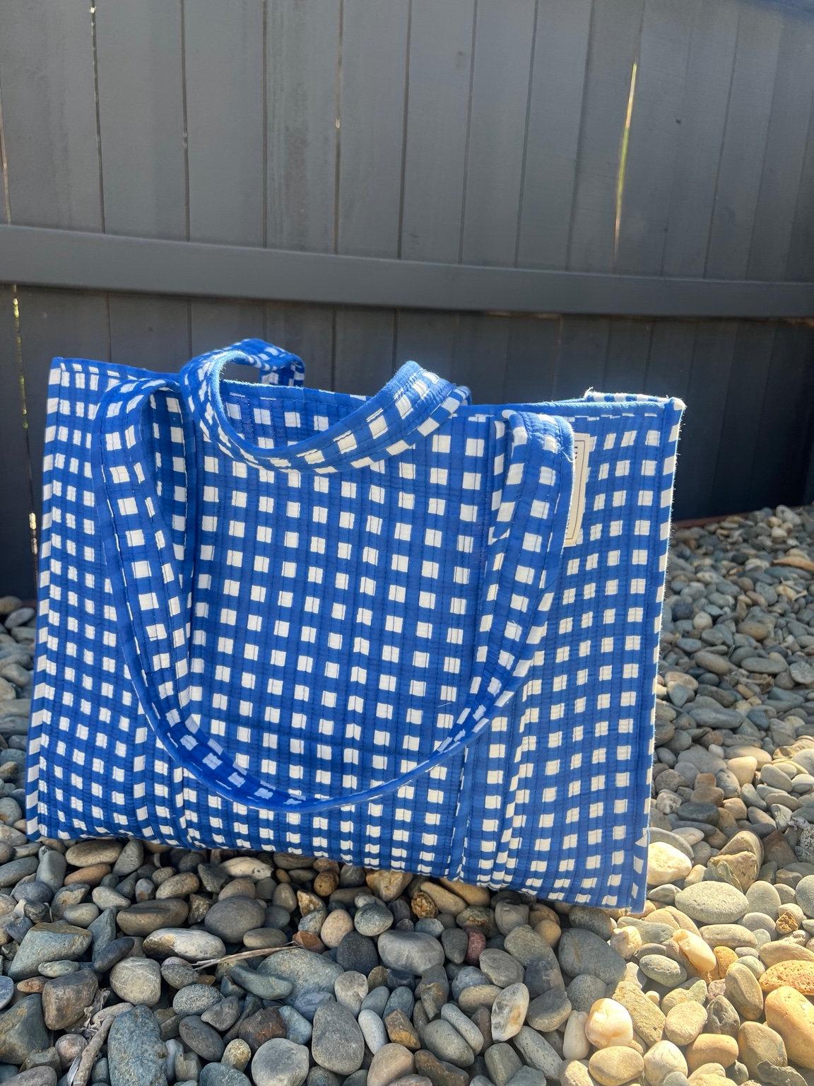 Blue Gingham Quilted Tote Bag