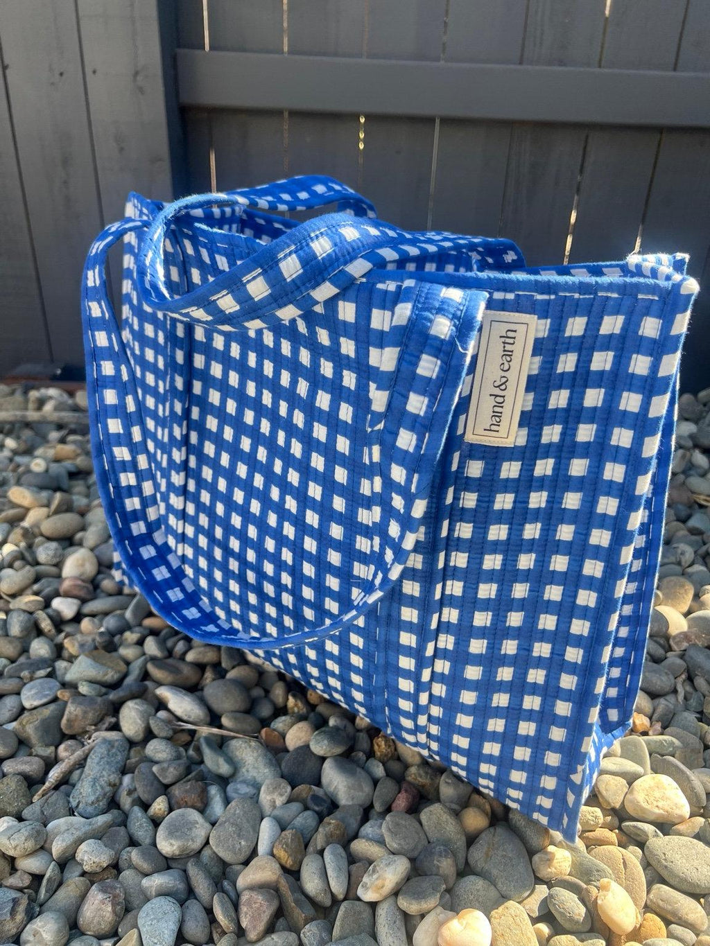 Blue Gingham Quilted Tote Bag