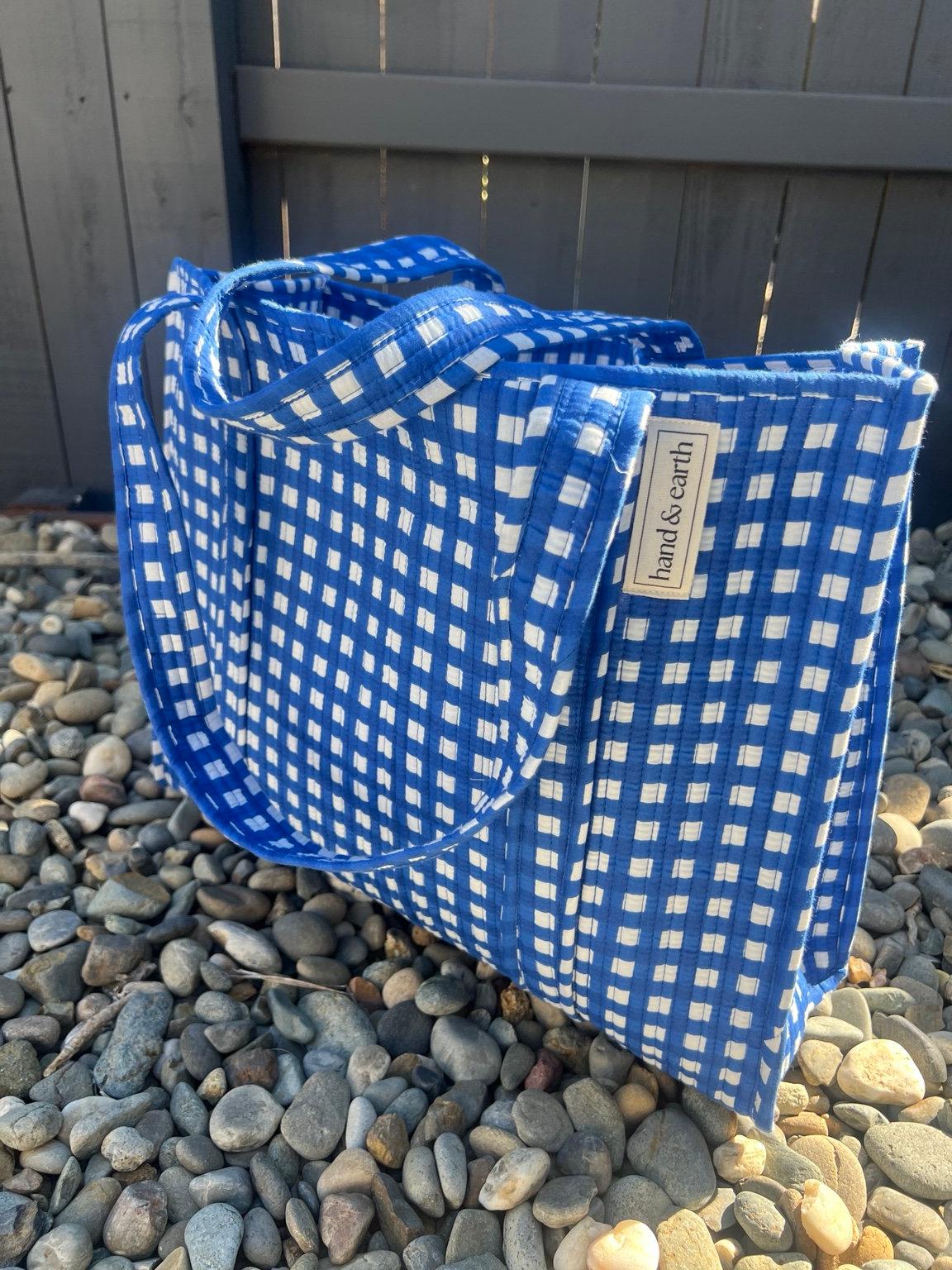 Blue Gingham Quilted Tote Bag