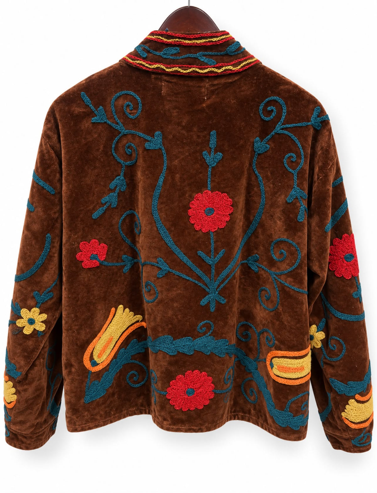 Chocolate Brown Tulip Embroidered Velvet Jacket