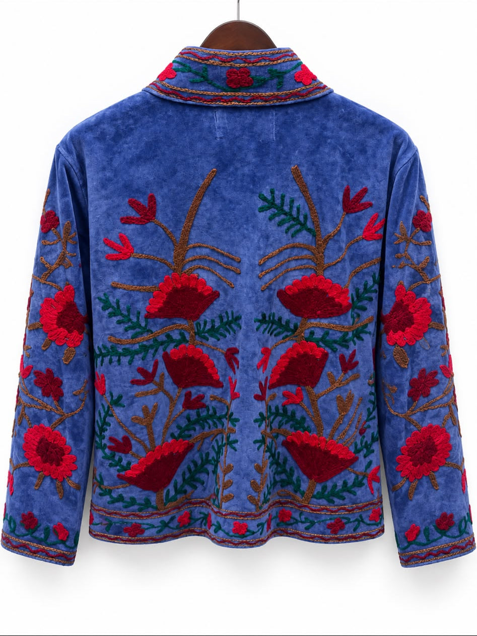 Periwinkle Blue Floral Embroidered Velvet Jacket
