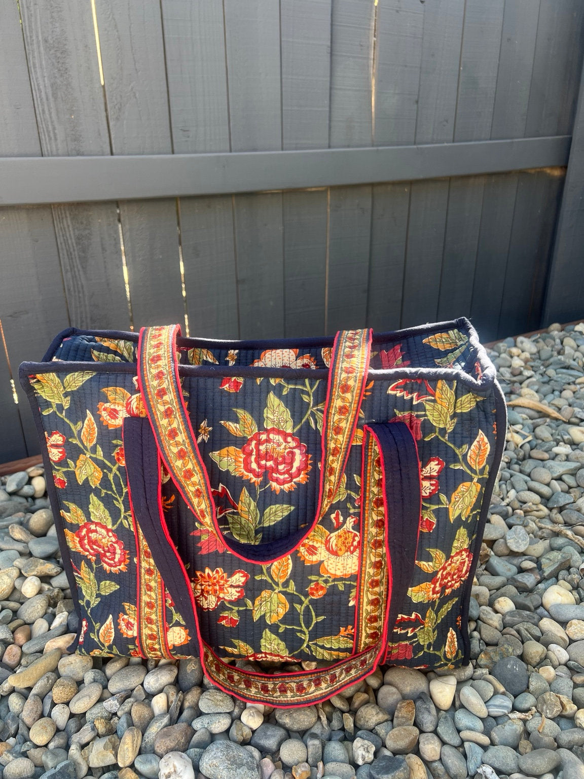 Navy Tulip Meadow Quilted Tote Bag