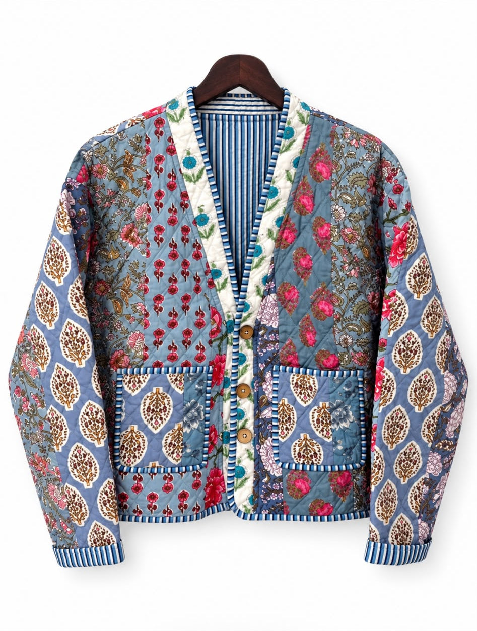 Blue Patchwork Reversible Quilted Cotton Jacket